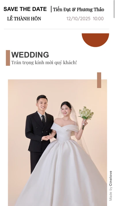 Thiệp cưới online ĐẠT VÀ THẢO QUYẾT ĐỊNH VỀ CHUNG MỘT NHÀ từ Cinelove
